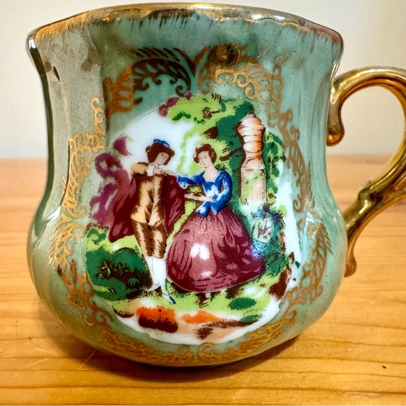 Vintage Victorian Style Tea Cup Mug Promenade Couple Green Gold Ornate - Picture 3 of 8